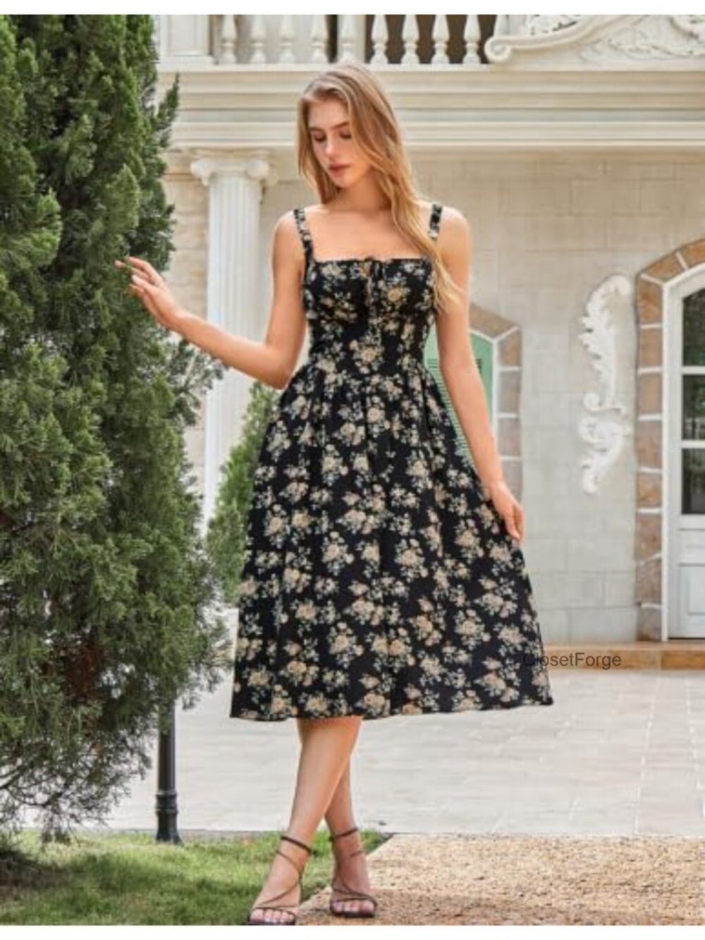 Women's Floral Corset Midi Dress with Pockets, Square Neck, Smocked Back, - Picture 5 of 6